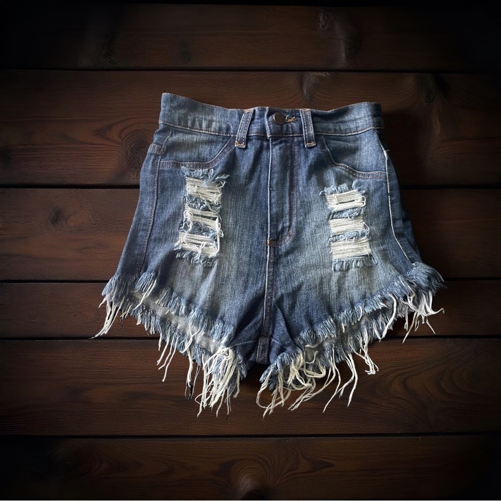 GJG Denim Aby High Rise Beach Fringe distressed denim frayed Boho Western Mini